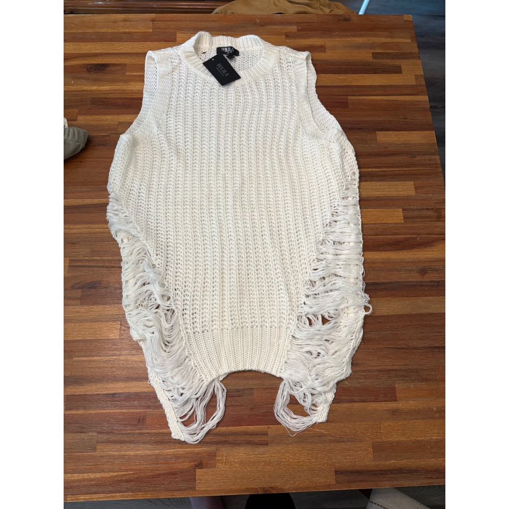 Hera Collection Distressed Shredded Knit Sweater Vest Ivory Cream S/M NWT
